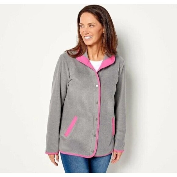 Susan Graver Weekend Polar Fleece Jacket with Contrast Trim Grey/Pink,X-Small - Picture 1 of 1
